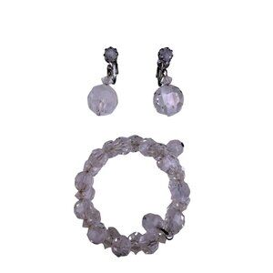 Vintage Womens Clear Faceted Crystal Bead Bracelet & Clip-On Earrings Set